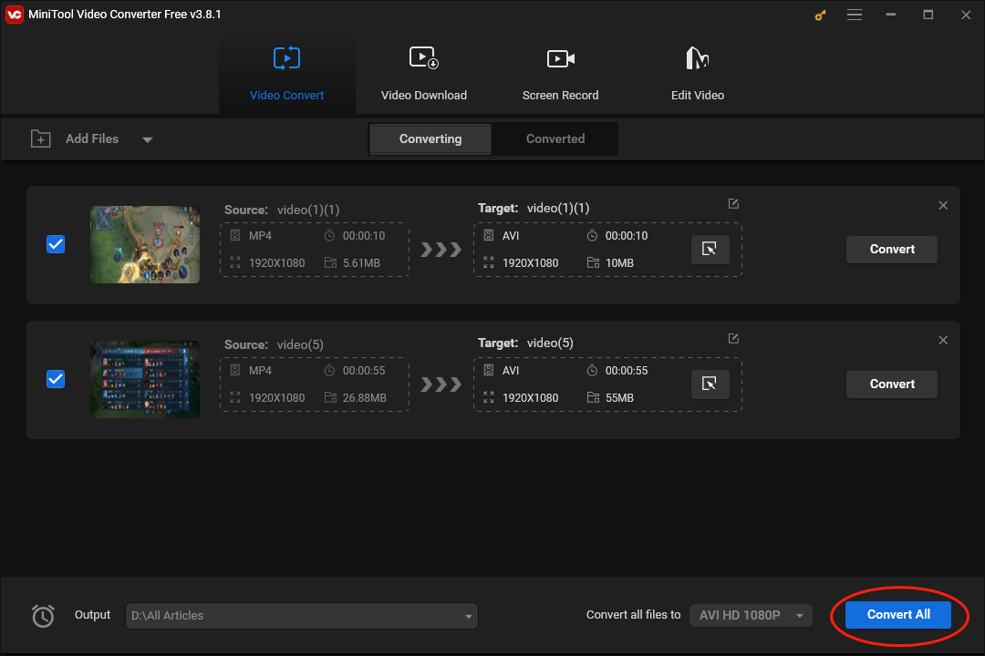 Click on Convert All in MiniTool Video Converter to begin the conversion from MP4 to AVI
