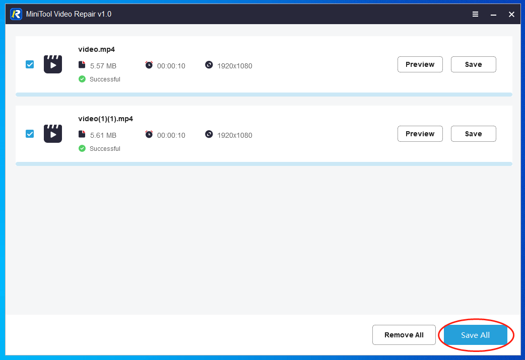 Click on Save All in MiniTool Video Repair to choose an output location for your converted files