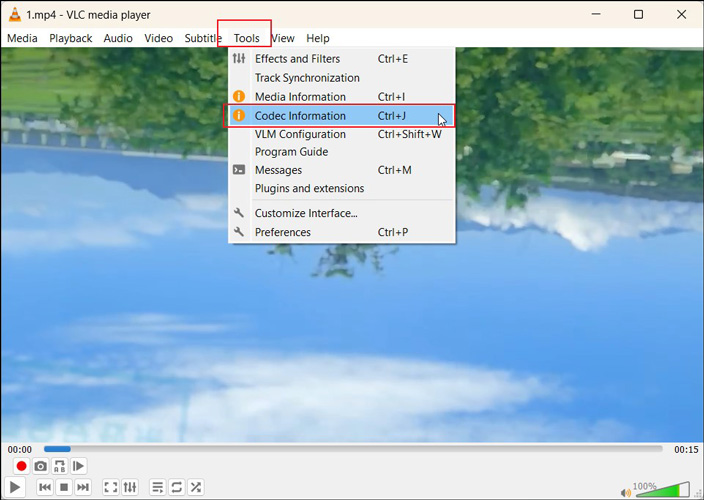 Click the Tools tab in the top menu bar of VLC and select the Codec Information option