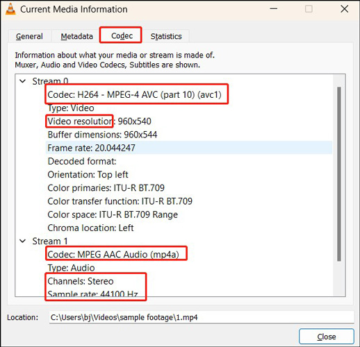 Check the video codec and other information in the Current Media Information window of VLC