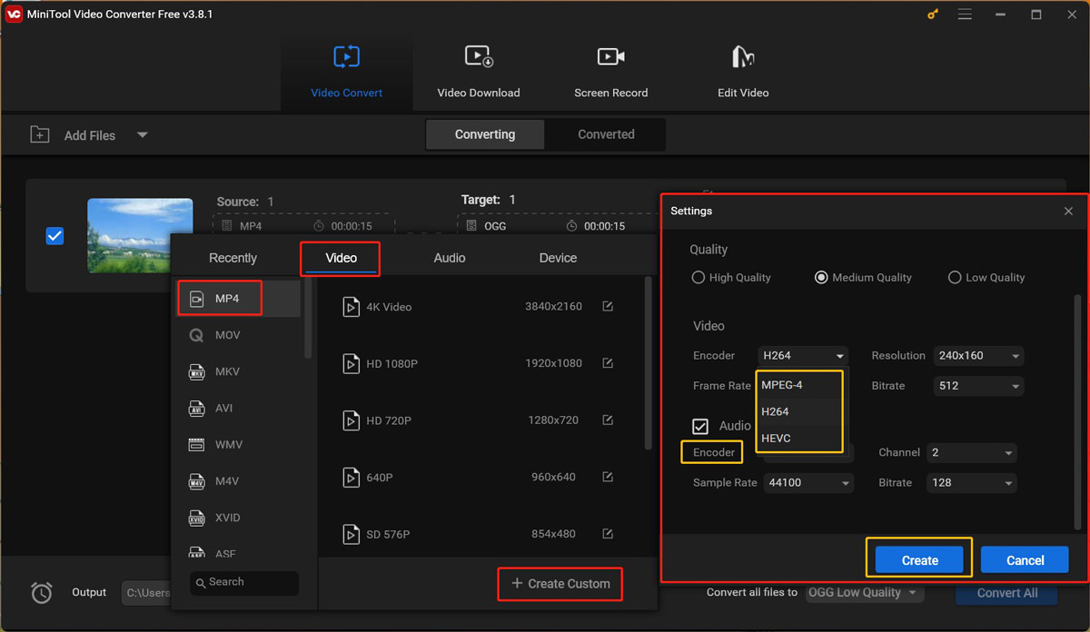 Click the diagonal arrow in MiniTool Video Converter to open the output format window, choose a target output format under the Video tab, and click + Create Custom to change the encoder