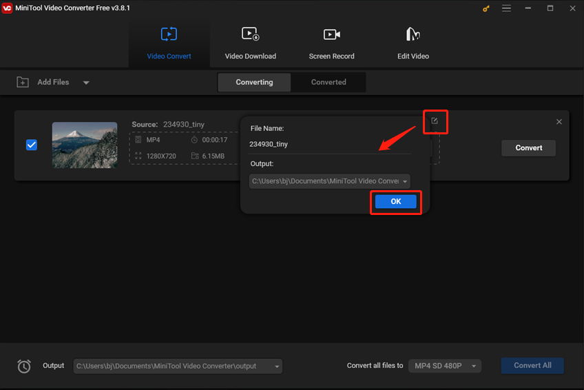 Click the pen icon next to Target to rename the output video and select an output folder for format conversion in MiniTool Video Converter