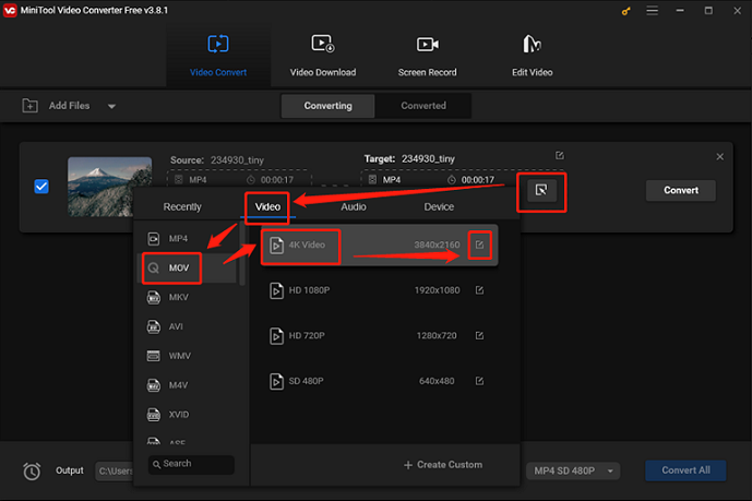 Choose a desired output format for conversion in MiniTool Video Converter