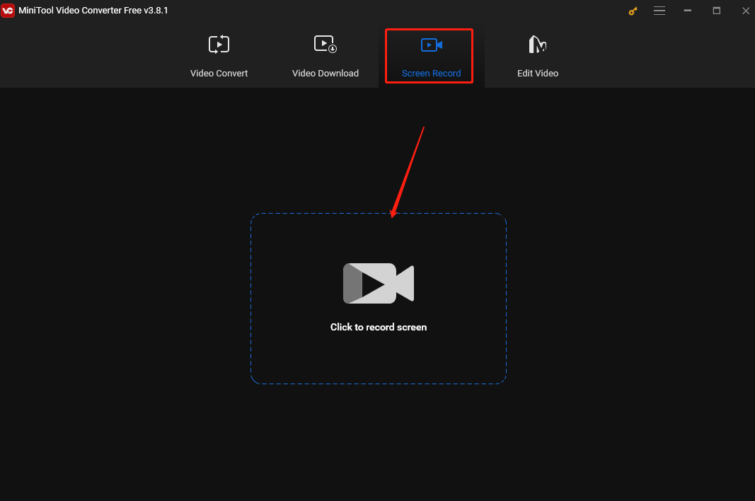 Click the Screen Record tab and hit the Click to record screen area to enable MiniTool Screen Recorder