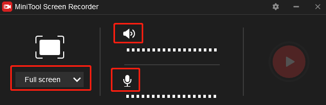 Click Full screen, choose the Select region option from the dropdown to customize the recording area, and click the speaker and microphone icon to turn the system and microphone audio on or off