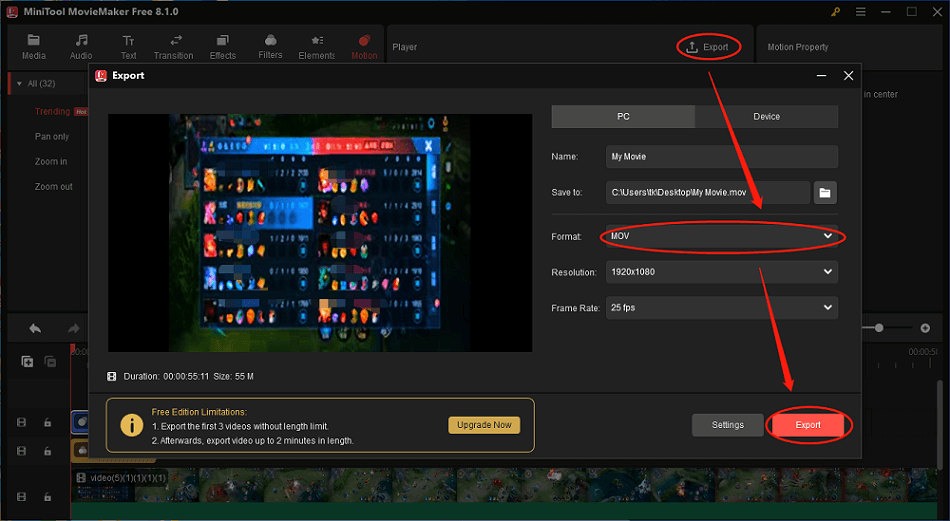 Click on the Export icon to access the Export window in MiniTool MovieMaker and set MOV as the output format and click on the Export button to begin file conversion