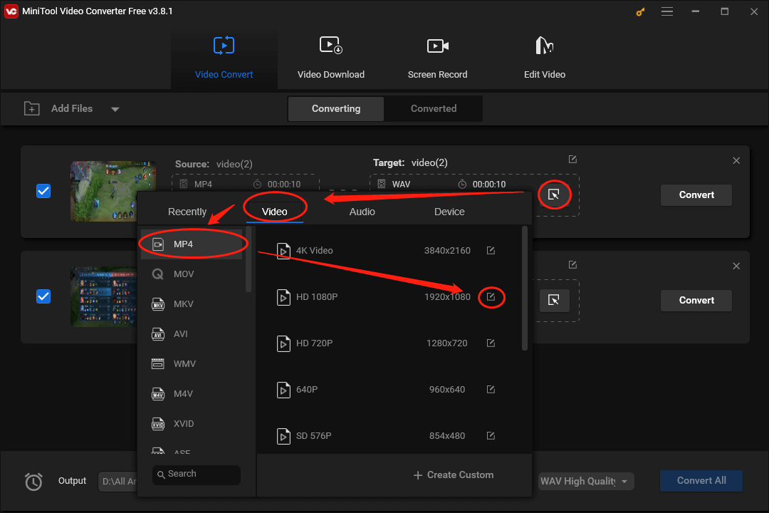 Click on the Edit icon in the Target section of MiniTool Video Converter to access the output format window and click on the pen icon next to HD 1080P