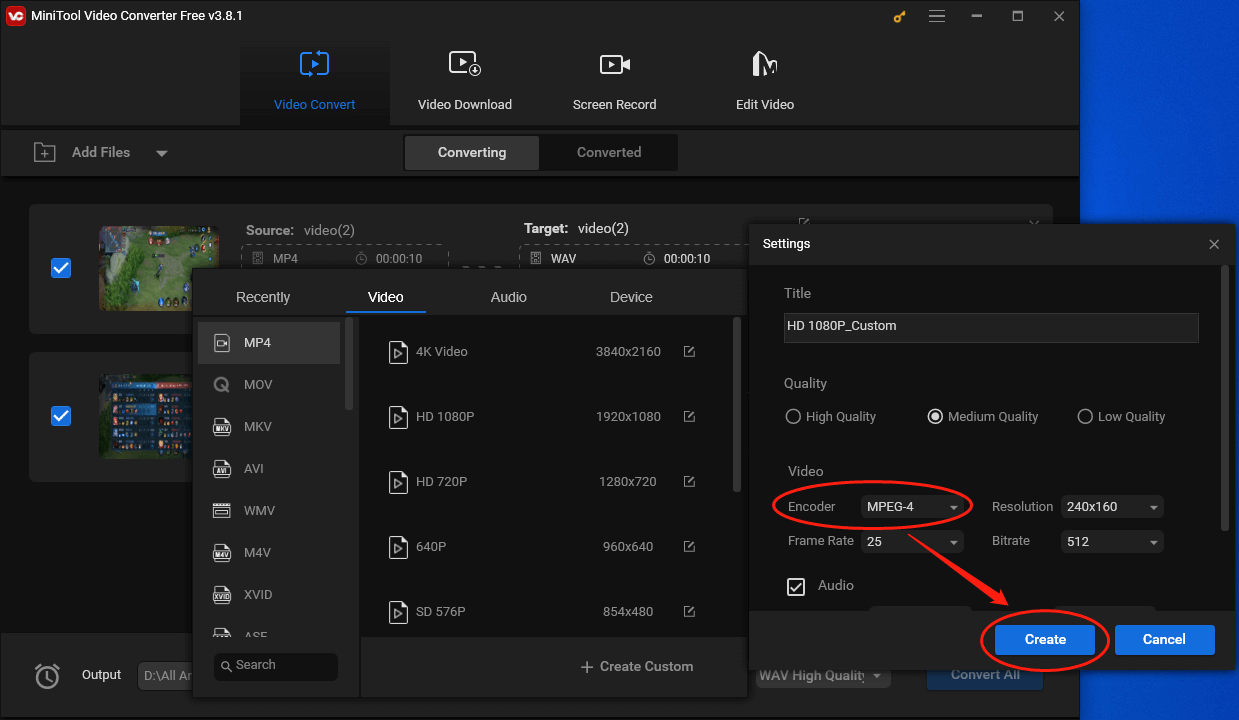 Expand the Encoder option in the Settings window of MiniTool Video Converter and choose MPEG-4 as the output encoder