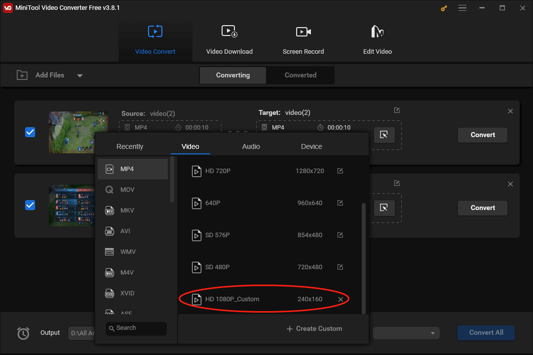 Click on HD 1080P_Custom in the output format window of MiniTool Video Converter to set the output format
