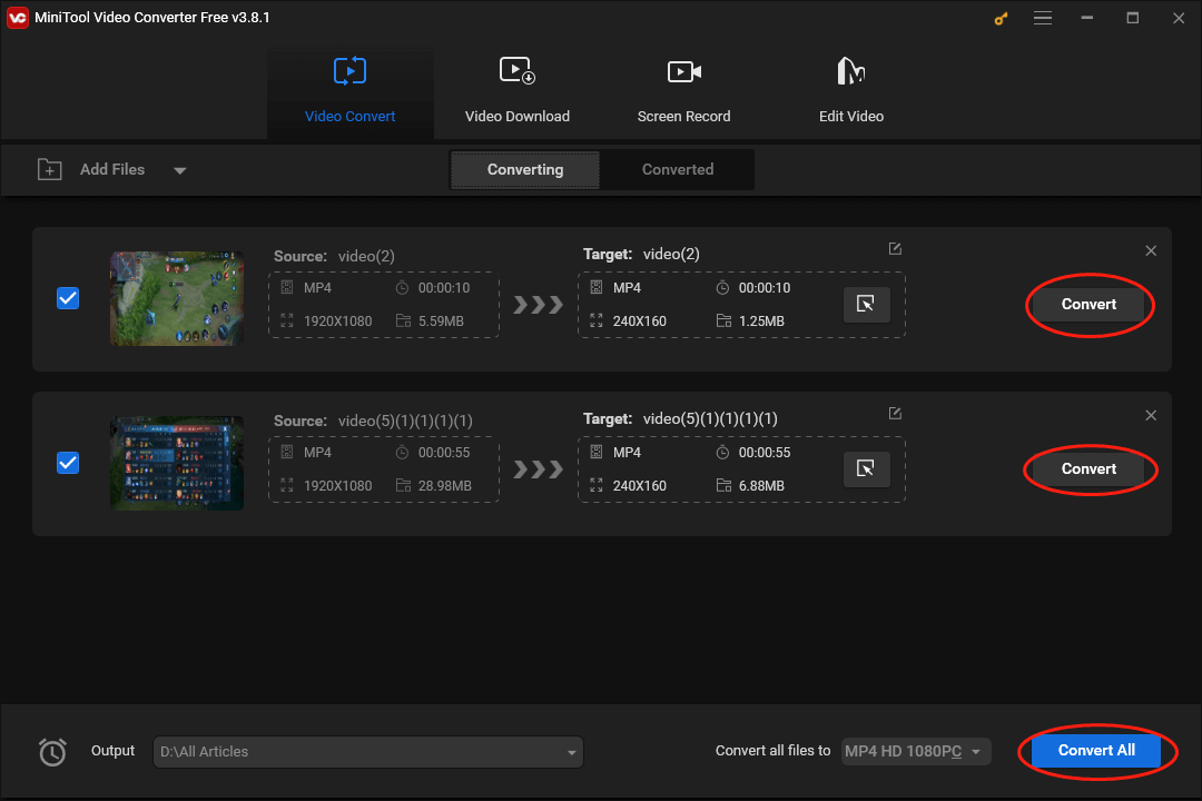 Click on the Convert or Convert all button in MiniTool Video Converter to begin your conversion tasks