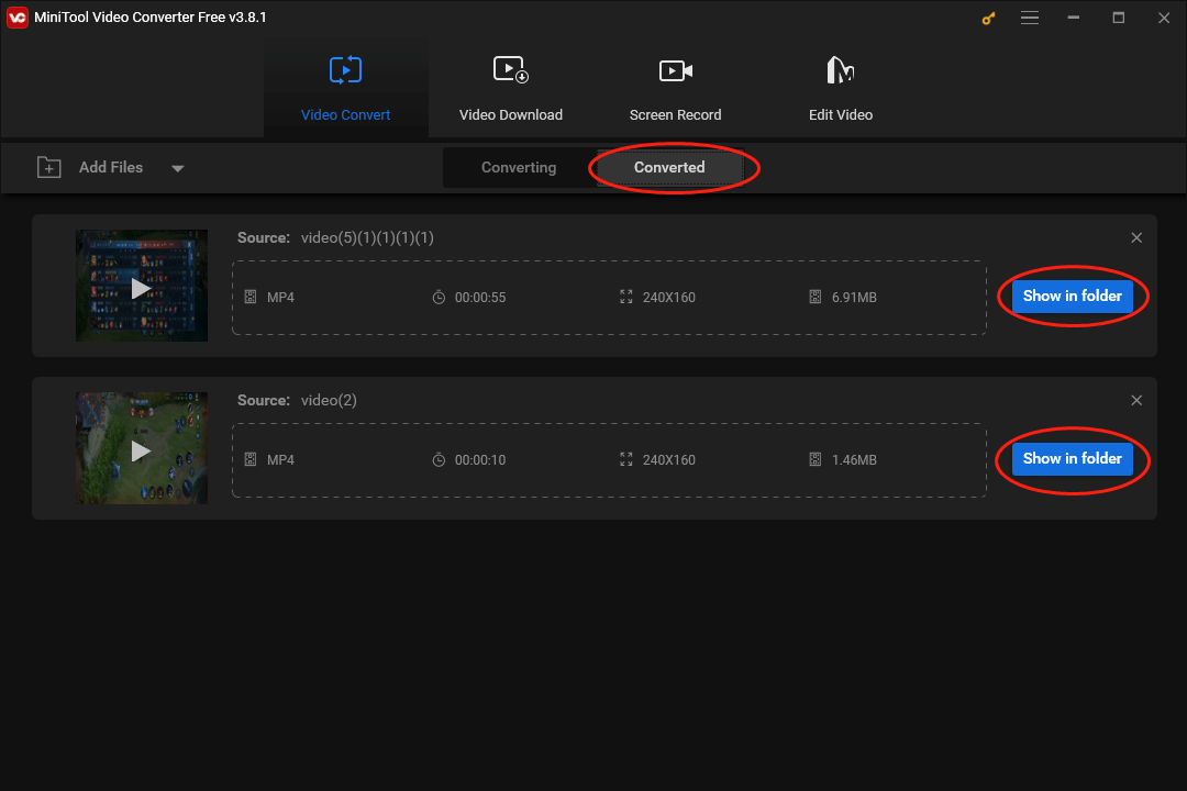 Click on Show in folder in the Converted section of MiniTool Video Converter to locate and check your converted files