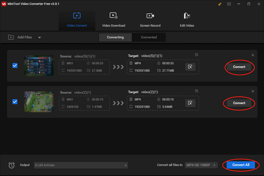 Click on Convert or Convert All in MiniTool Video Converter to begin your file conversion