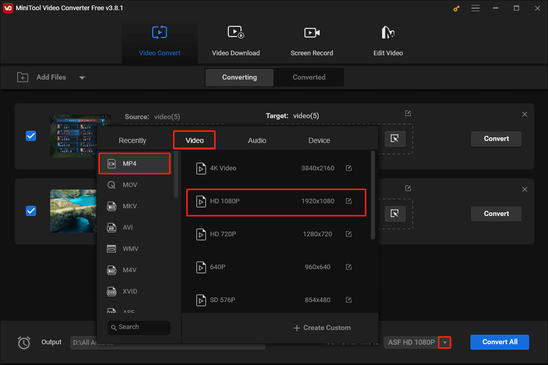 Expand the Convert all files to option in MiniTool Video Converter to expand the output format window and choose MP4 HD 1080P as the output format of your converted files