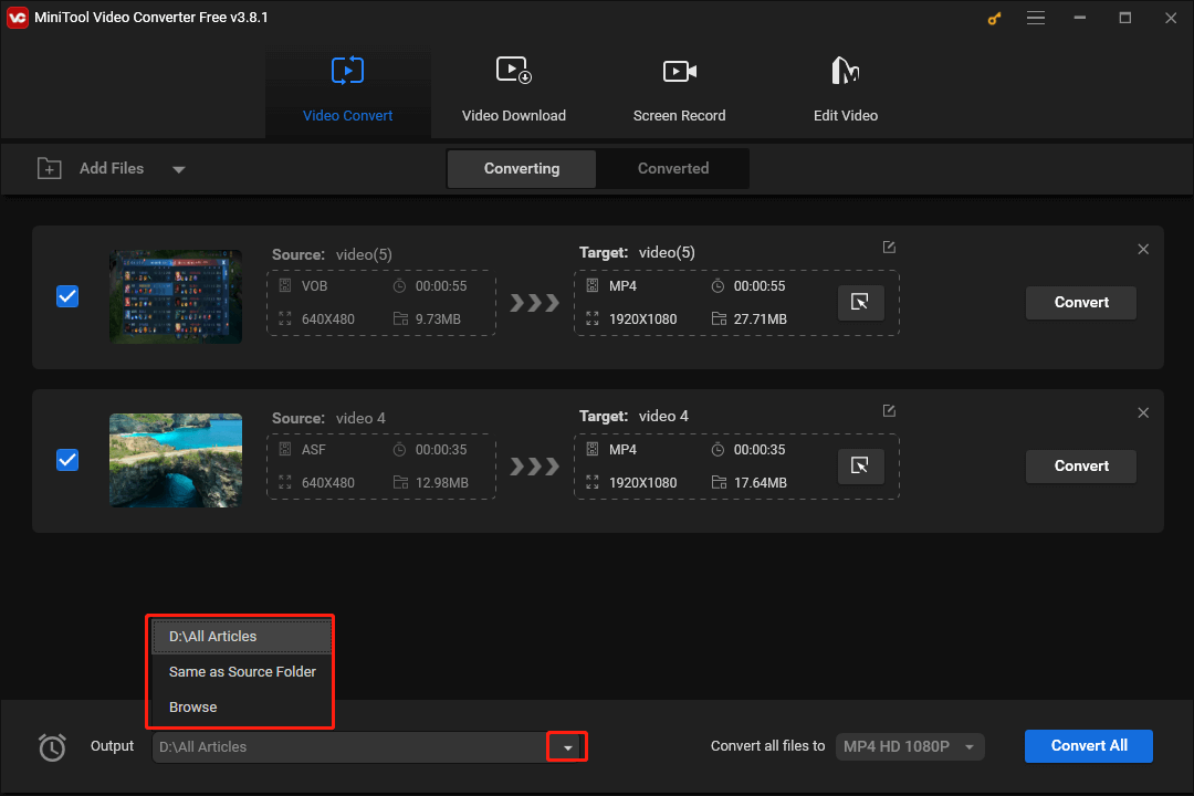 Expand the Output option in MiniTool Video Converter to choose a saving path for your converted files