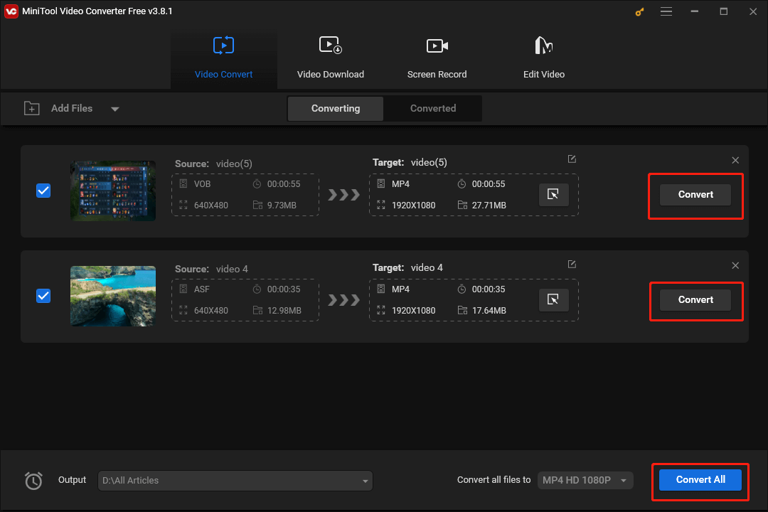 Click on the Convert or Convert All button in MiniTool Video Converter to begin your conversion tasks