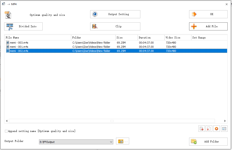 Convert M4S files to MP4 at once in Format Factory