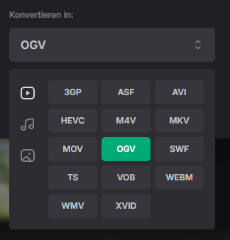 M4V-Datei in Clideo importieren und OGV nach dem Importieren als Ausgabeformat auswählen