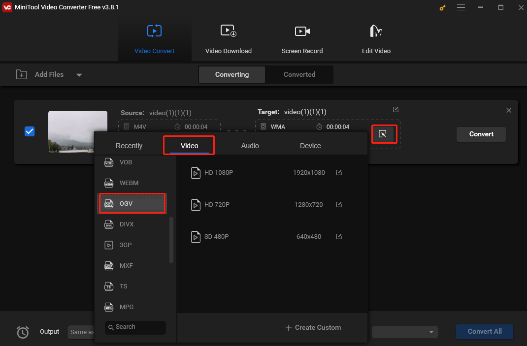 In the output format window, select Video and choose OGV as the output format