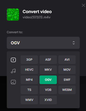 Hit Choose File to load the M4V file, and choose OGV from the dropdown of output format on the right