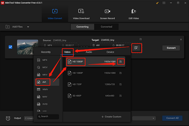 Choose an output format for conversion in MiniTool Video Converter