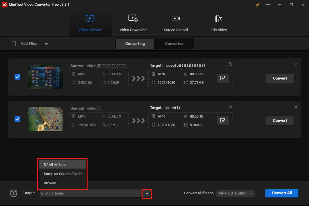 Expand the Output option in MiniTool Video Converter to choose a saving path for your converted files