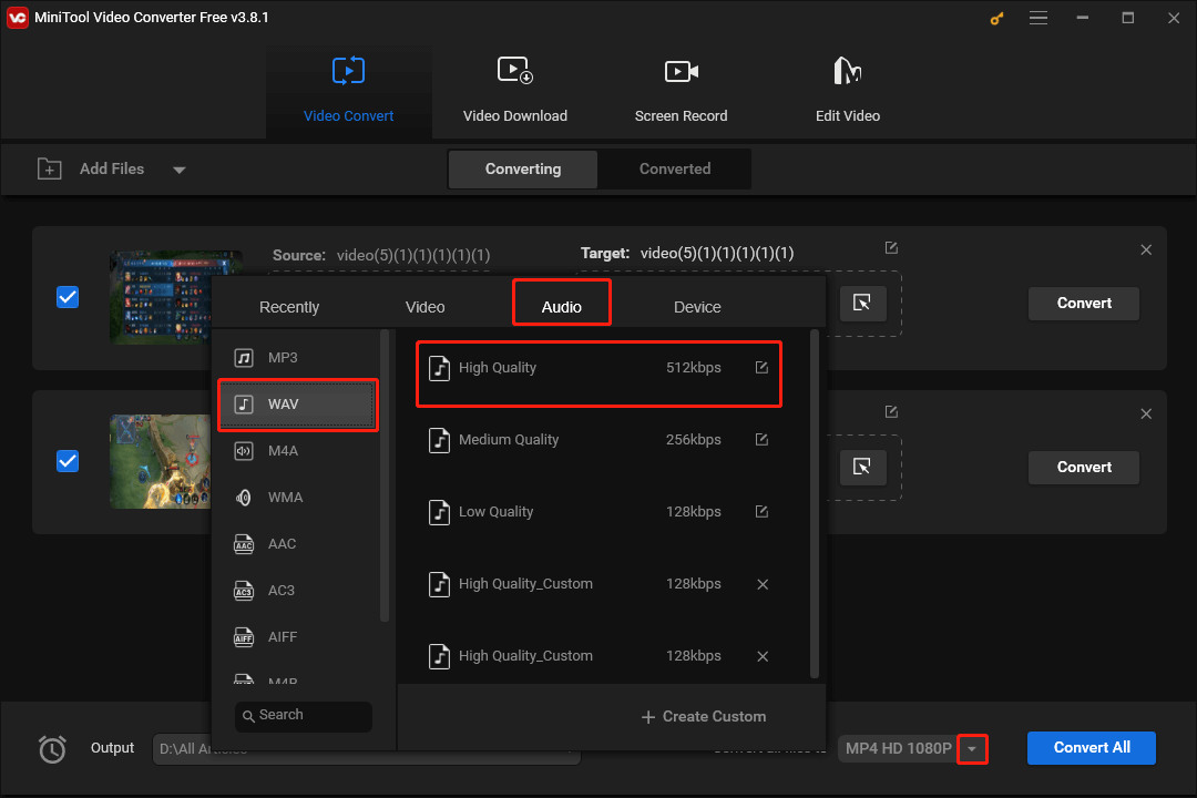 Expand the Convert all files to option in MiniTool Video Converter to access the output format window and set WAV High Quality as the output format