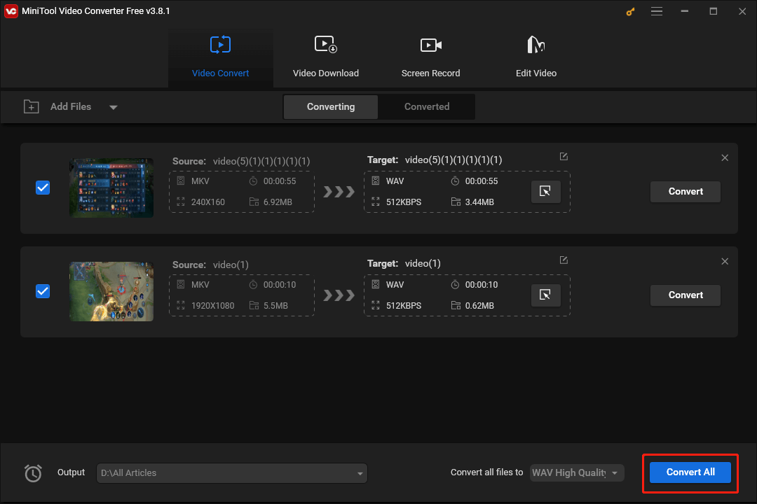 Click on Convert All in MiniTool Video Converter to begin the conversion from MKV to WAV