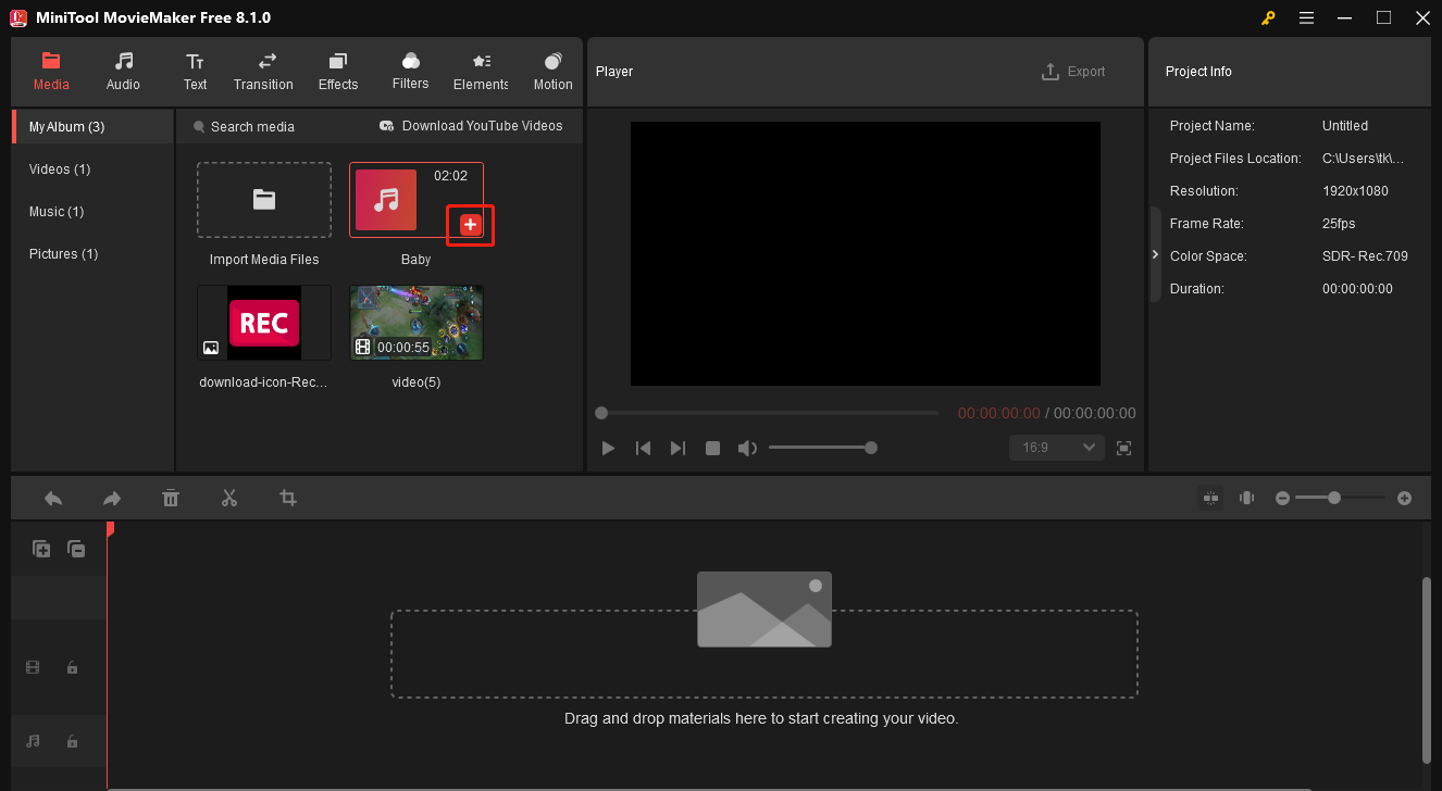 Click on the plus icon in MiniTool MovieMaker to add your WAV file to the timeline