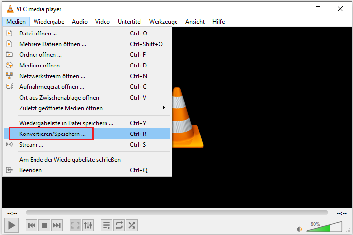 Zum Konvertieren von MKV zu MP3 klicken Sie in VLC Media Player auf „Medien“ und dann auf „Konvertieren/Speichern“