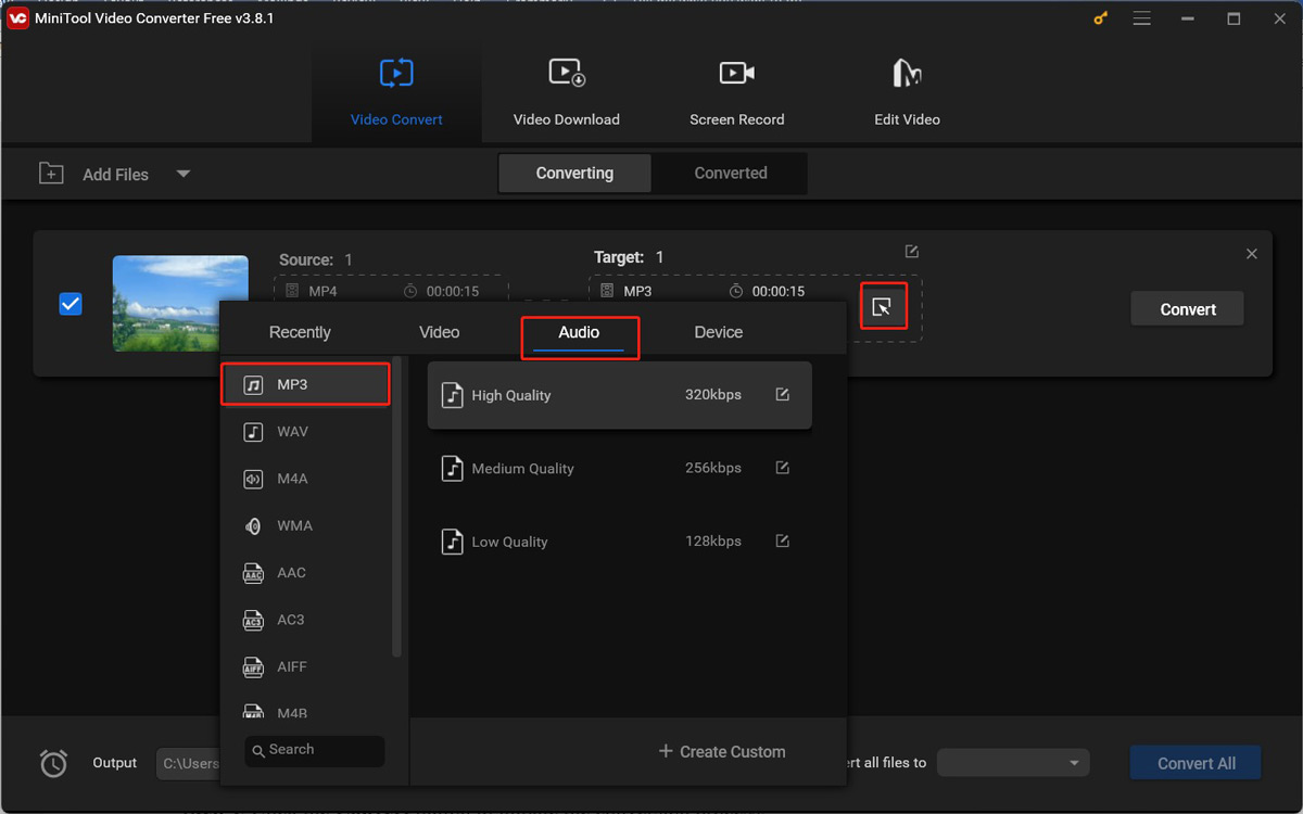 Click the diagonal arrow in the Target section and choose MP3 under the Audio tab as the target output format in MiniTool Video Converter