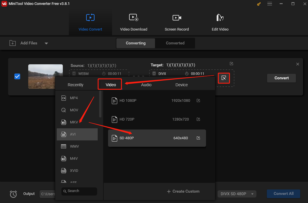 In the output format window, choose the output format under the Video/Audio tab