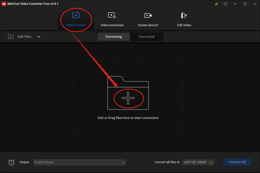 Click on the plus icon in MiniTool Video Converter to upload your MXF files