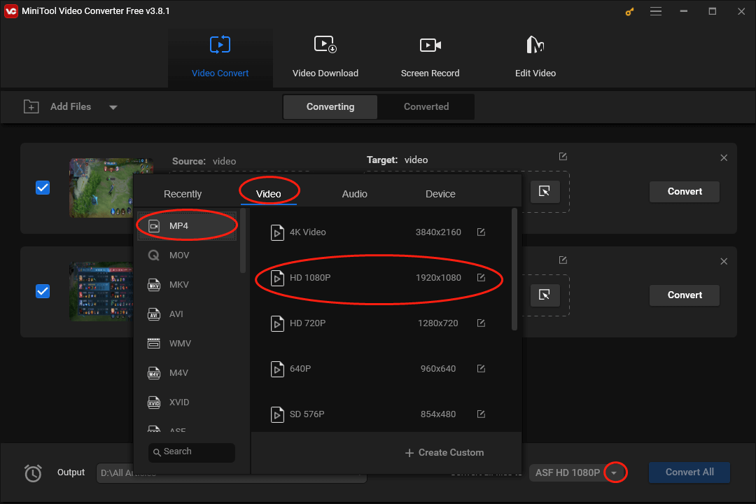 Expand the Convert all files to option in MiniTool Video Converter to access the output format window and choose MP4 HD 1080P as the output format