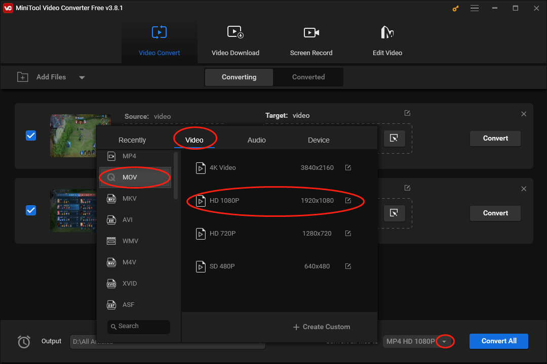 Expand the Convert all files to option in MiniTool Video Converter to access the output format window and choose MOV HD 1080P as the output format