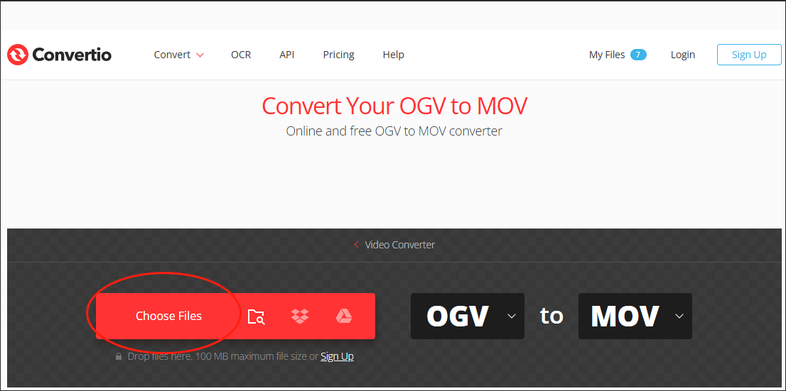 Click on Choose Files in Convertio to upload your OGV files