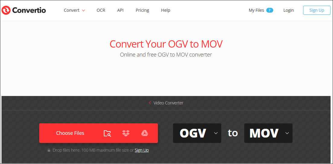 The OGV to MOV converter page in Convertio