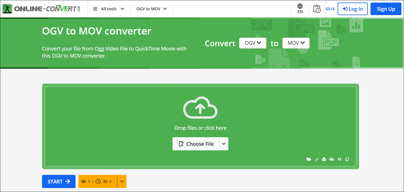 The OGV to MOV Converter page in Online-Convert