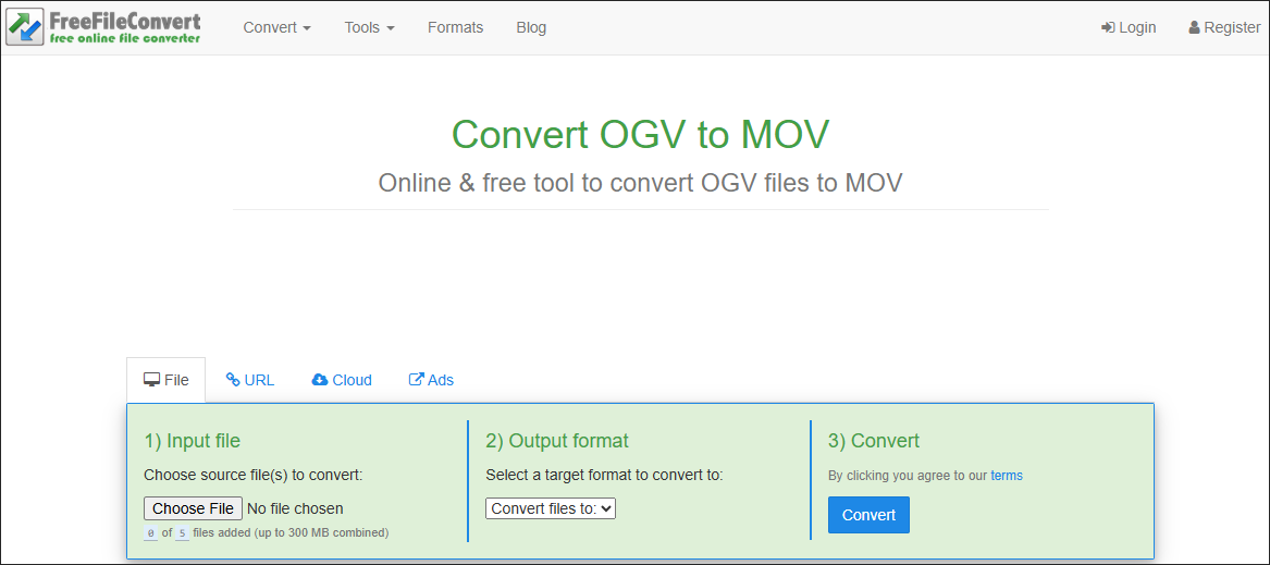 The OGV to MOV Converter page in FreeFileConvert