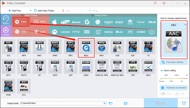 Choose MOV as the output format in HD Video Converter Factory Pro for format conversion