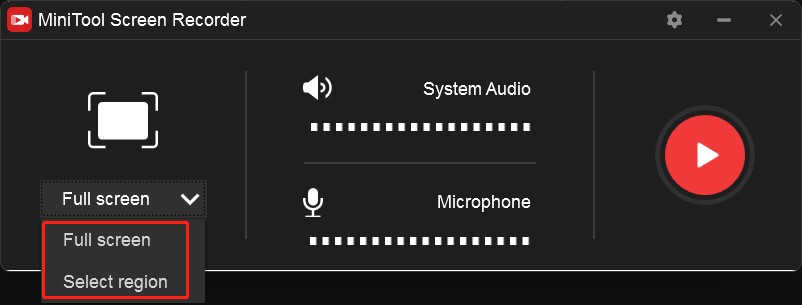 Keep the default Full screen option or click the inverted arrow next to Full screen to choose the Select region option on the MiniTool Screen Recorder panel