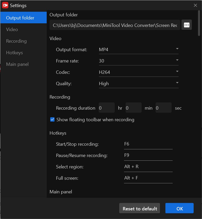 Adjust other recording settings on the Settings window of MiniTool Screen Recorder