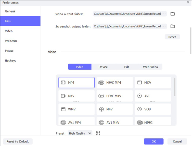 Personalize the recording settings on the Preferences window of Joyoshare VidiKit