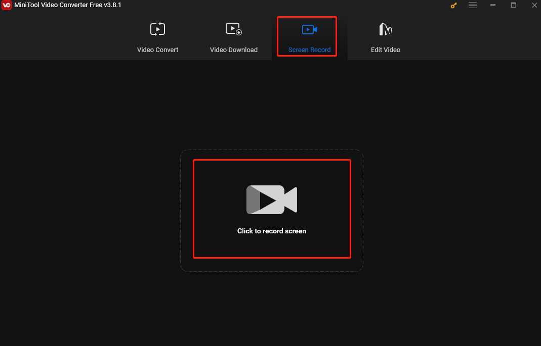 Choose the Screen Record tab and hit the Click to record screen area to enable MiniTool Screen Recorder