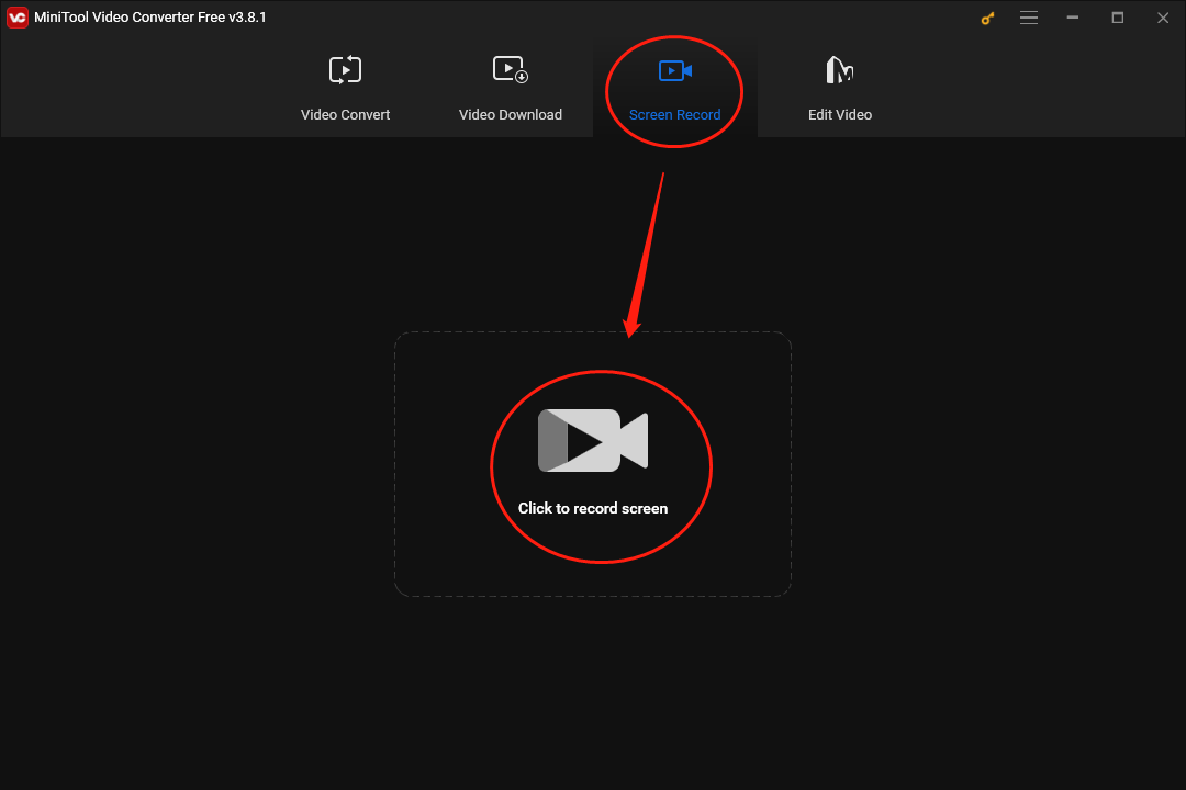 zum Öffnen von MiniTool Screen Recorder klicken Sie in MiniTool Video Converter auf „Zur Bildschirmaufnahme klicken“