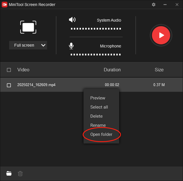 Right-click on the recording file in MiniTool Screen Recorder to locate and check your converted file