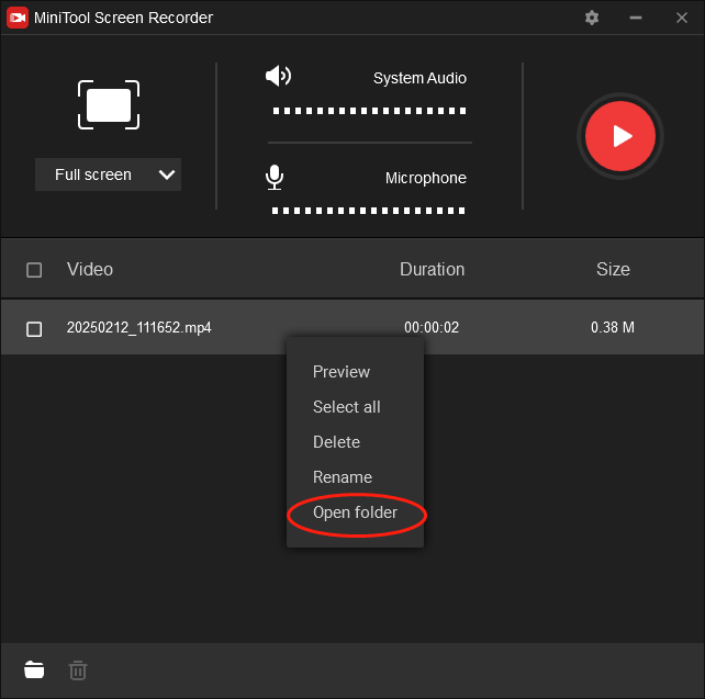 Click on Open folder in MiniTool Screen Recorder to locate your recording file