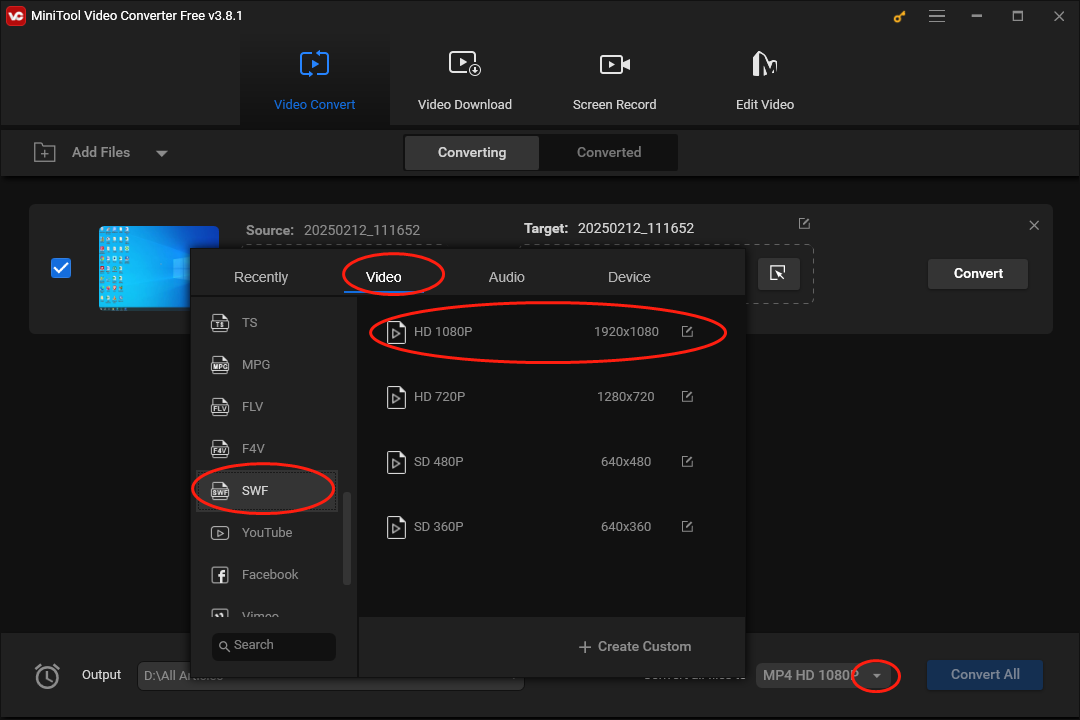 Expand the Convert all files to option in MiniTool Video Converter to enter the output format window and choose SWF HD 1080P as an example