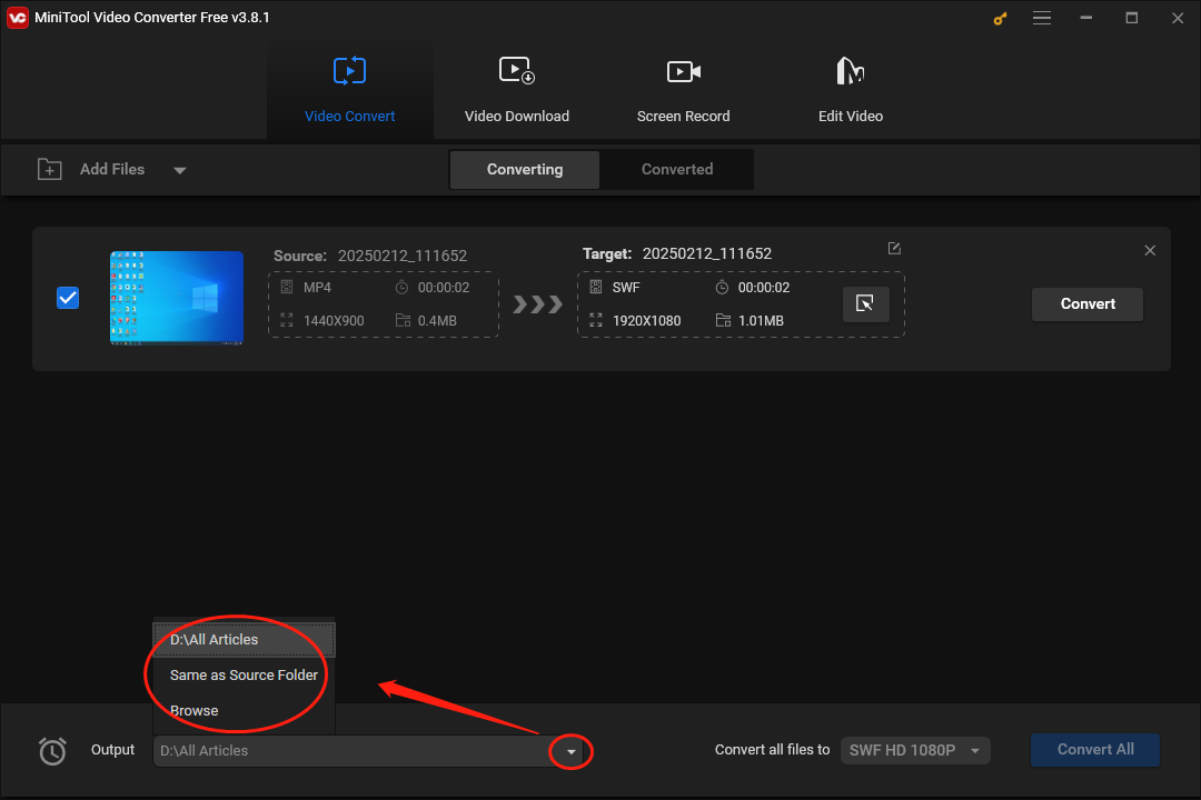 Expand the Output option in MiniTool Video Converter to choose an output location to save your converted file