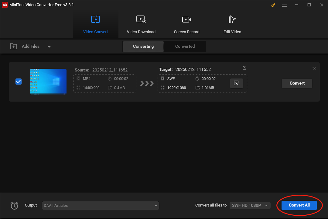 Click on Convert All in MiniTool Video Converter to begin converting SB3 recording to SWF