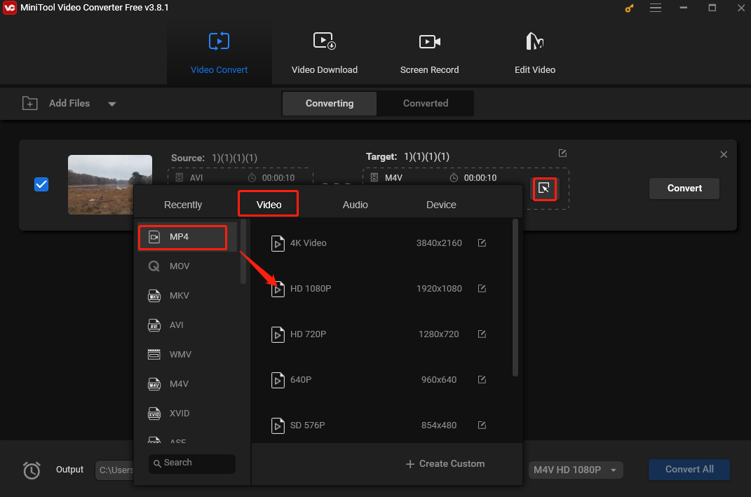 Click the Edit icon to open the output format window, go to Video, and choose MP4